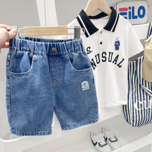Childrens Loose Fit Denim Shorts Five Inch Casual Thin Cotton Polyester Blend Summer Wear for Baby Boys Breathable Sporty Style