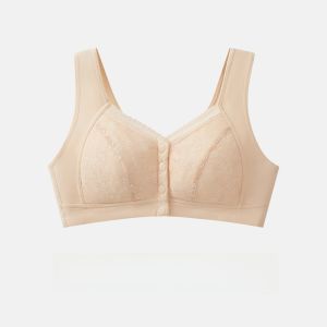 THREEGUN | Three Gun Front Buckle Lace Thin Breathable Mesh Wireless Backless Bra For Middle-Aged Women Comfortable Cotton Underwear