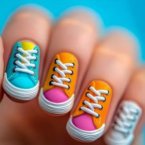24pcs/set Medium fake nails for women Y2K blue orange pink red shoes print Square nail tips full cover acrylic press on nails