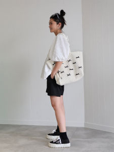 Ayako Washable Large Capacity Tote Bag Butterfly Knot Shoulder Beach Bag Casual Style Soft Cotton Material Pure E-commerce Sales