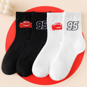 Disney | 4 Pairs of Disney Black and White Car Lightning McQueen 95 Print Socks Personalized Cartoon Cotton Couple Gift Party Socks