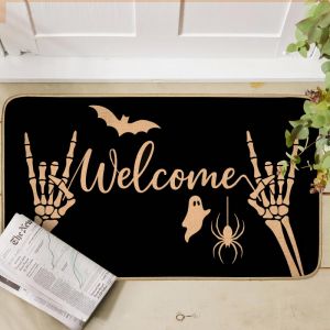 VIKAMA Halloween Welcome Gnome Mat Bat Spider Web Skull Non Slip Wear Resistant Rug Outdoor Porch Entryway Holiday Home Decor