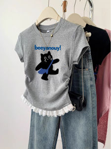 Cute Style Lace Splice Slim Fit Short Sleeve T-Shirt Womens Summer New Fashionable Mini Top Quick Dry Pure Cotton round Neck