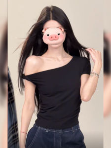 BINKAFENNY | American Style Short Sleeve Black Shoulder Baring T Shirt Women Summer Slim Fashionable Cute Mini Length Small Size Shoulder Exposure Top