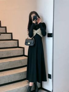 ชุดเดรสยาวถักสีดำสไตล์ฝรั่งเศส ชุดทำงานฤดูร้อน กระโปรงทรงเอเอวสูง แขนยาว คอตั้ง ชุดทำงานสไตล์เกาหลี