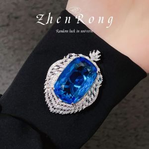 Kaivy Premium Sea Blue Topaz Pendant Full of Diamonds Heavy Design Fashionable Jewelry for Women Alloy Plated Silver Gold