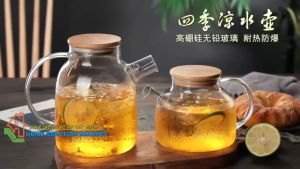 Teko Pitcher Tahan panas One Two Cups Teh Chinese Teapot Maker Glass Liter air kaca tutup kayu