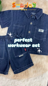 Sundaykids Denim terno jacket with buttons and pockets with denim pants set