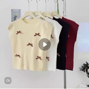 AN-15051 Bow Knitted Tops For Women Sleeveless Round Neck Casual Blouse Tops Basic Shirts Tops Ribbons Tops Stretchable