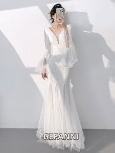 Bridal Elegant Banquet Long Sleeve Mermaid Dress