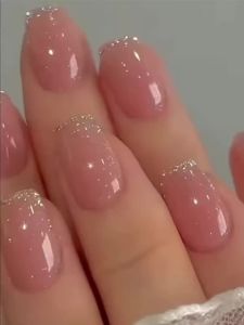 Short Medium fake nails for women gilr nude nail tips with glitters edge frame full cover reusable press on Artificial Nails set