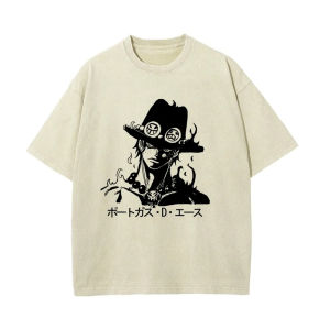 Bandai | One Piece Mens and Womens Washed T-Shirt Portgas D. Ace Clothing Summer Spring Anime Classic Tee Retro Distressed Short Sleeve