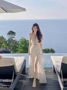 Stylish Elegant French Style White Laced Halter Dress