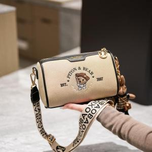 2025 New Pillow Shaped Canvas Bear Single Shoulder Slant Cross Bag Fashionable Boston Womens Bag Casual Simple Style Soft Polyester Lining