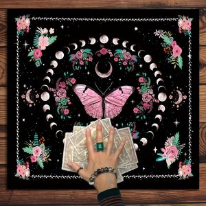 VIKAMA Moon Phase Pendulum Bell Altar Tablecloth Pink Butterfly Floral Design Tarot Card Reading Cloth Home Decor Party Events