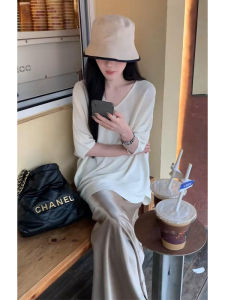 YUEZHONGWEI | Ice Silk V-neck Short Sleeve Knitted Top Womens Summer Loose Slimming Mid-length Soft Polyester Fiber Korean Style Commute