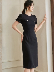 Roey s house | Elegant Business Black Bubble Sleeve Midi Dress