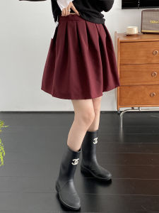 Spring Autumn New High Waist Pure Color Pleated Skirt Puffy Texture Half Skirt A-Line Short Skirt Women High Quality Polyester Fiber