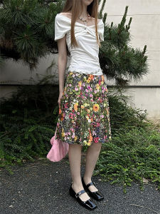 Elegant Floral Print Pleated Mini Skirt Slimming Design High Waist A-Line Silhouette Commute Style Inner Lined Mid-Length Spring Summer New Arrival Womens Skirt