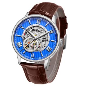 Deesio Business Mens Automatic Mechanical Watches Leather Watch Strap Luminous Skeleton Stainless Steel Case 30M Water Proof