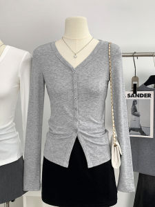 เสื้อเชิ้ตแขนยาวคอวีผู้หญิง ทรงสลิมฟิต เสื้อคาร์ดิแกน ทรงเข้ารูป เสื้อชั้นใน ฤดูใบไม้ผลิและฤดูใบไม้ร่วง เสื้อผ้าทำงานสไตล์เกาหลี