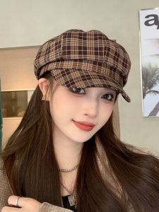 Retro Plaid Octagonal Beret Hat Womens Fashion Versatile Face Slimming British Style Spring Autumn Short Brim Cap