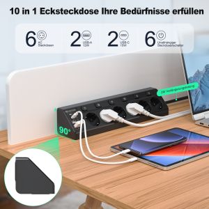 6 Outlet European Wall Plug Power Strip 2USB 2Type-C PD Fast Charging 2M Extension Cord Corner Socket for Home Desk Office