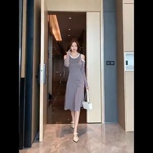 French Retro Contrast Off The Shoulder Long Sleeved Knitted Womens Dress Autumn New Design Feeling Skirt