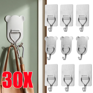 30pcs Cute Bear Shaped Self-adhesive Hooks / High Load-bearing Stainless Steel Hanging Hooks / Space-saving Home Wall Organizer