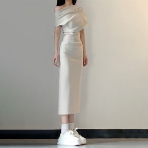 HUAYILING | Asymmetric Hem Slip Dress Irregular Neck Off-Shoulder Slim Waist Summer