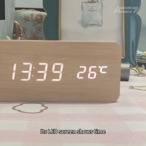 ICON Wooden Digital Alarm Clock with Temperature Display Voice Control 3 Alarms Silent LED Night Light Battery/USB Powered Bedroom Desktop Clock for Home Office
