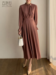 BAILUOANN | Elegant High Waist A-Line Pleated Long Dress Womens Autumn Fashion Bow Tie Stand Collar Korean Style City Commute Daily Wear