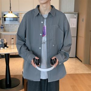 Shirt Men Spring and Autumn New Arrival Trendy Loose Easiest for Match Black Outwear Youth Pu Shuai High Street Lapel Shirt