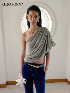 Cello Sonata | French Style Single Shoulder Thin Camisole Off-Shoulder Ruffle Edges Shirt Spring