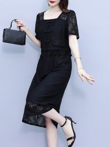 Lace Midi Dress Womens Summer New Style Chinese Elegant Short Sleeve plus Size A-Line Skirt High Waist Zipper Closure Single Piece