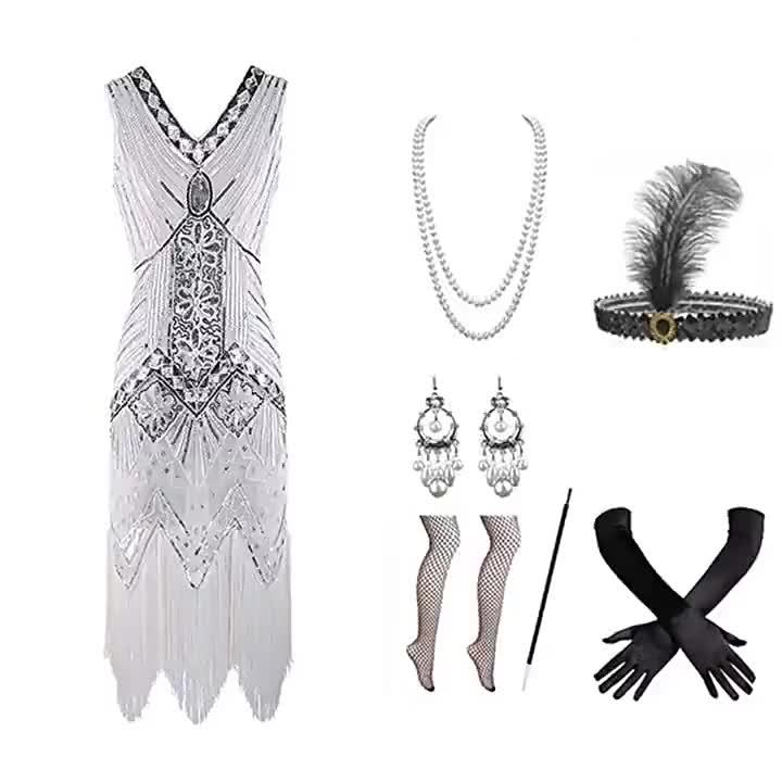 1920S ชุดเดรสย้อนยุคชุด Gatsby กระโปรงพู่ประดับด้วยลูกปัดปักเลื่อมสำหรับงานหนัก