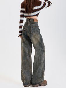Retro American Vertical Striped Wide Leg Jeans Womens Autumn 2025 New Vintage Hong Kong Style Loose Straight Tube Pants