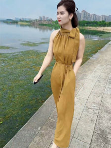 Elegant Fashionable Shoulder Bared Midi Dress High Waist Sleeveless Neck Tied Summer New Arrival Womens Dress Commute Style
