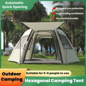 Outdoor camping tent hexagonal camping tent fully automatic quick opening tent entrance hall tent sun protection and rainproof portable folding tent