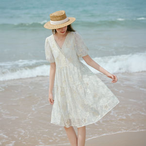 XIANGYING | V-Neck Embroidery Loose A-Line Puff Sleeve Dress