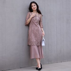 2025 Summer New Style Womens Lace Long Dress Slimming Waist Design Polyester Fabric Midi Skirt A-Line Gown Sleeveless Dress