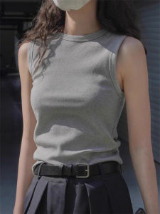 American Style Grey Climbing Vest Women Outdoor round Neck Wide Shoulder Slim Fit Sleeveless T-Shirt Shoulder Reducing Top