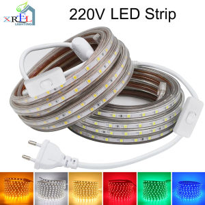 220V LED Strip Light with EU Plug 5050 60LED/m Flexible LED Tape Waterproof LED Ribbon Warm White Blue Pink Red Yellow Outdoor Lamp Led Tape Bright Kitchen Backlight Decor