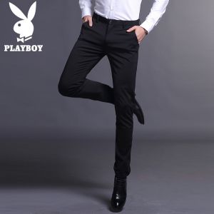 Playboy Mens Casual Pants Elastic Slim Fit Fleece Lined Thick Korean Style Business West Pants Autumn Winter Small Foot