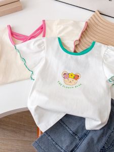 Korean Style Cartoon Bear Bubble Sleeve round Neck Short T-Shirt for Girls New Summer Fashion Pure Color Baby Cotton Clothes