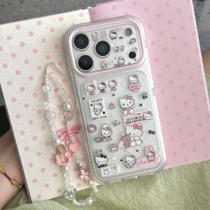 Sanrio | Cute Cartoon Frosted Sticker Sanrio Hello Kitty Case For iphone 17 16 15 17 Pro Max Full Lens Protective Phone Cover With Chain