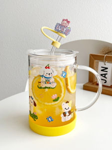 1000ml Large Capacity Glass Water Cup with Straw Milk Juice Cup Heat Resistant Cover Ins Style Cartoon Home Use Glass Cup