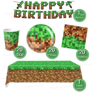 KAYOU | Pixel Birthday Party Supplies Disposable Tableware Set Kids Cups Plate Napkins Tablecloth Banner Game Themed Party Decorations