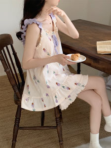 ชุดนอนผ้าฝ้ายบางสไตล์เกาหลีพร้อมแผ่นเสริมหน้าอกสำหรับผู้หญิงในฤดูร้อน ชุดนอนแขนกุดแบบลำลอง ชุดนอนสองชิ้น สไตล์หวานๆ