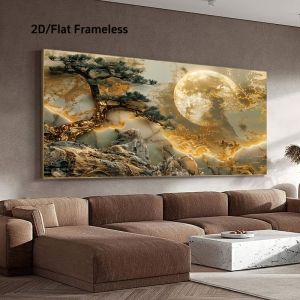 Extra Large Decor Painting for Living Room Wall Art Canvas Print Moonlight Golden Tree Landscape Modern Home Décor Frameless